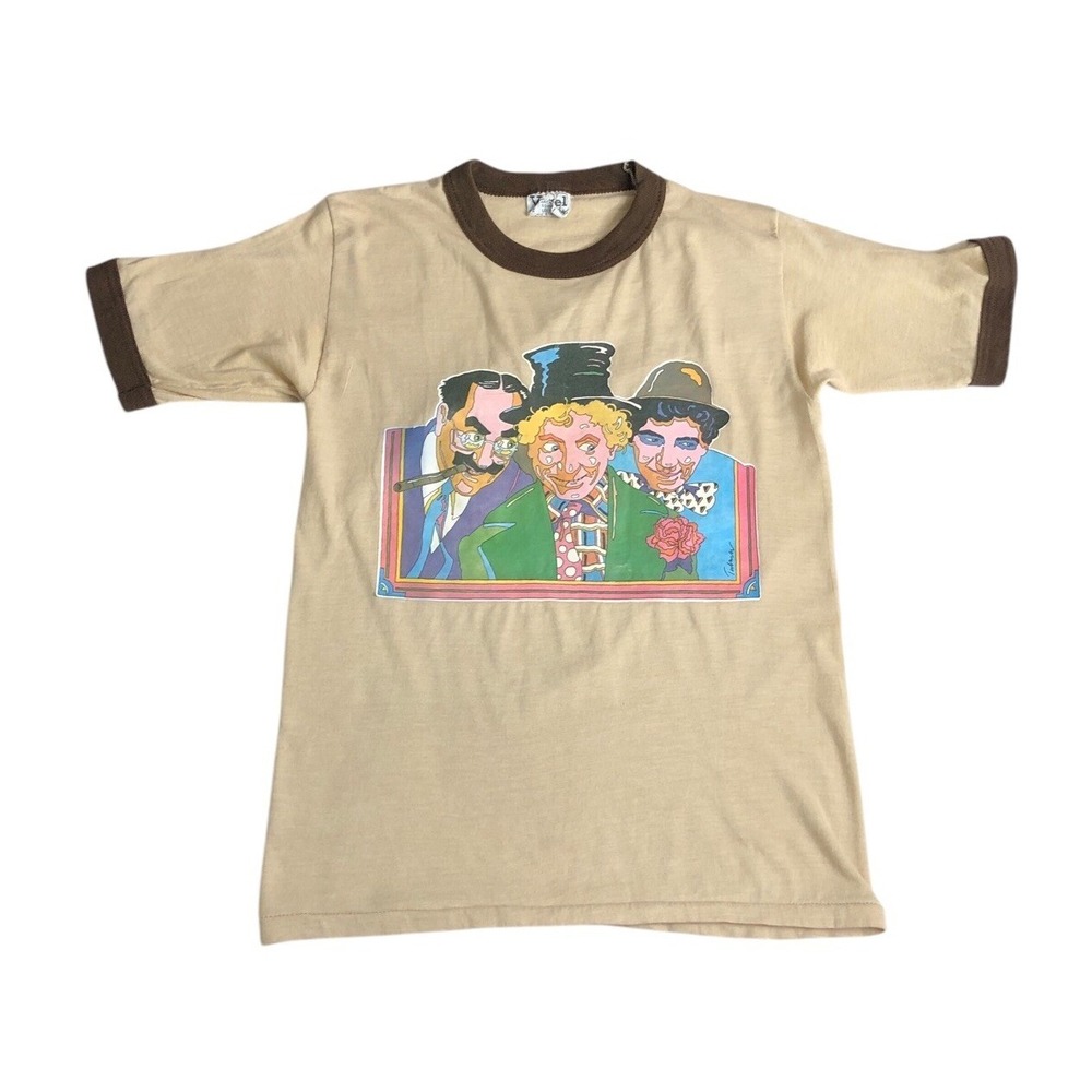 Vintage 70s Marx Brothers Ringer T-Shirt Tan Graphic Tee Small 50/50 USA‎ Comedy